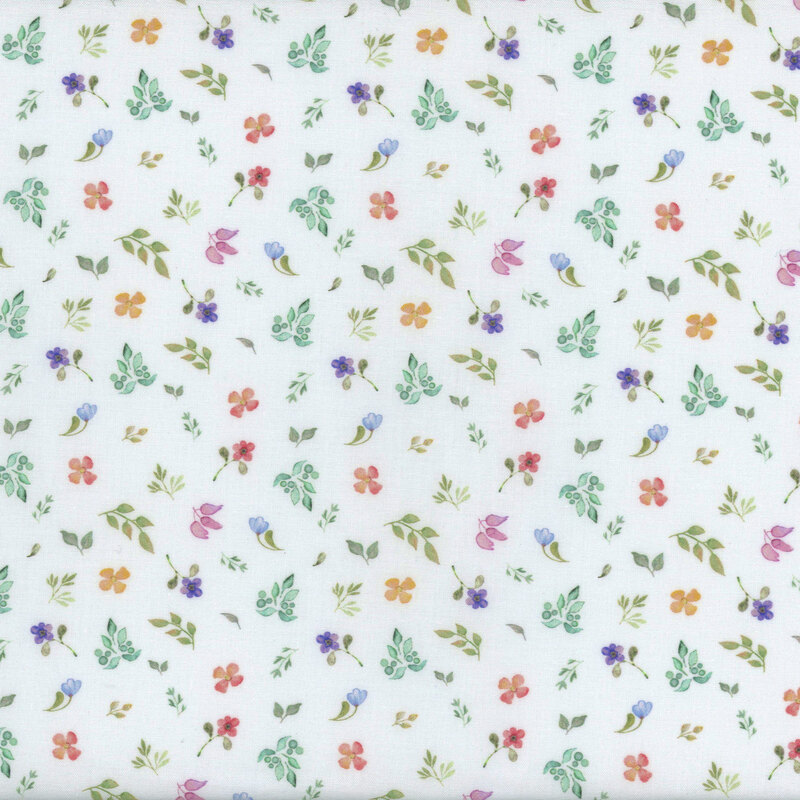 A seamless pattern of various colorful flowers and small birds on a white background.