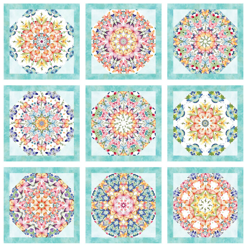 A grid of nine colorful mandala patterns with floral and geometric designs on a light background.