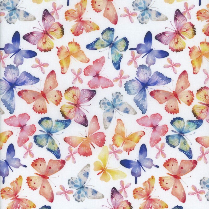 A seamless pattern of colorful butterflies in various sizes and designs on a light background.