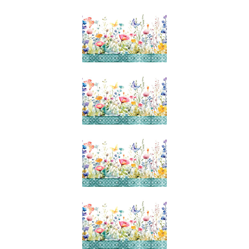 A repeating pattern of colorful flowers in various colors with a blue geometric border.