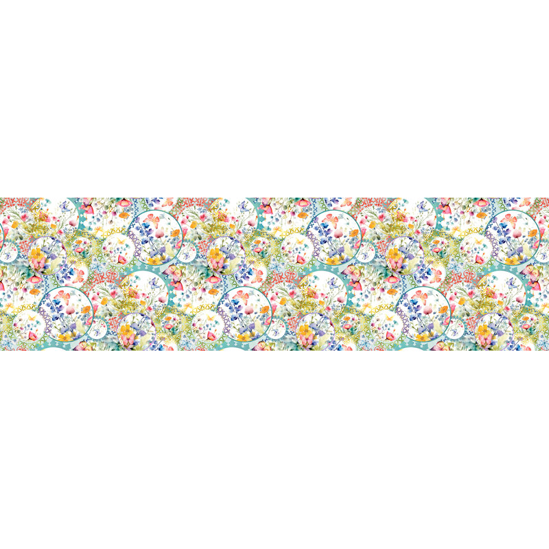 Floral pattern featuring multi-colored flowers and circular motifs on a light background.