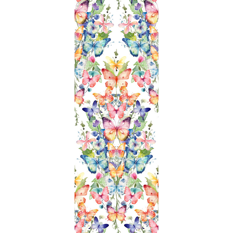 A vertical pattern of colorful butterflies and flowers on a white background.