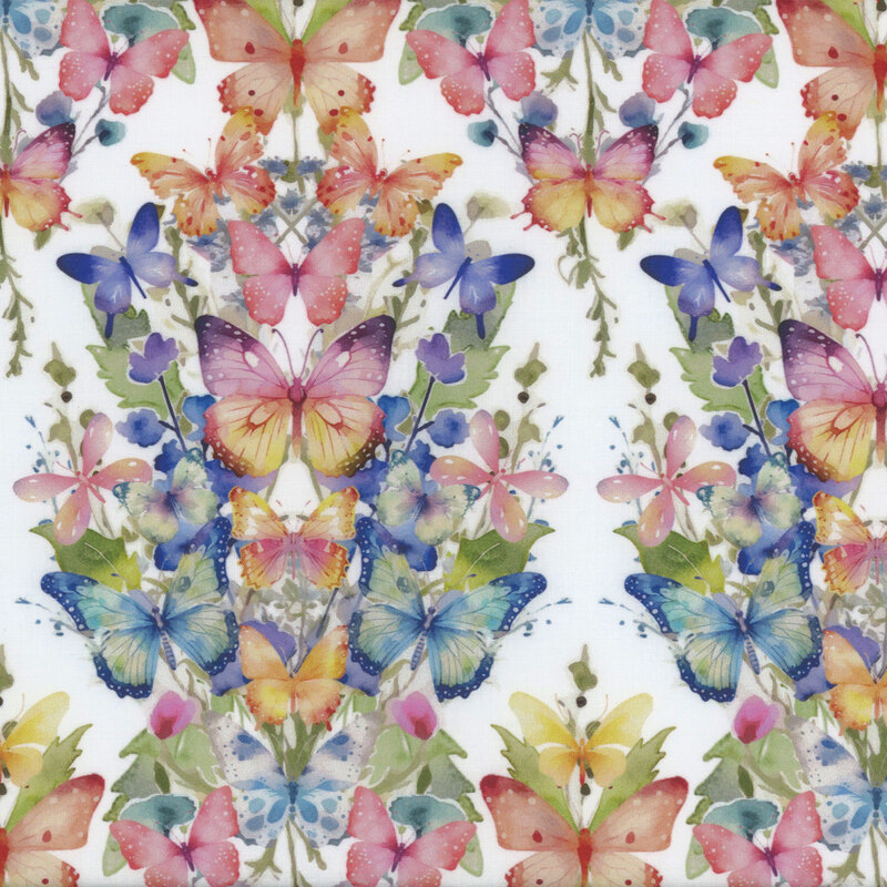 A vibrant pattern of various colorful butterflies and floral elements on a light background.