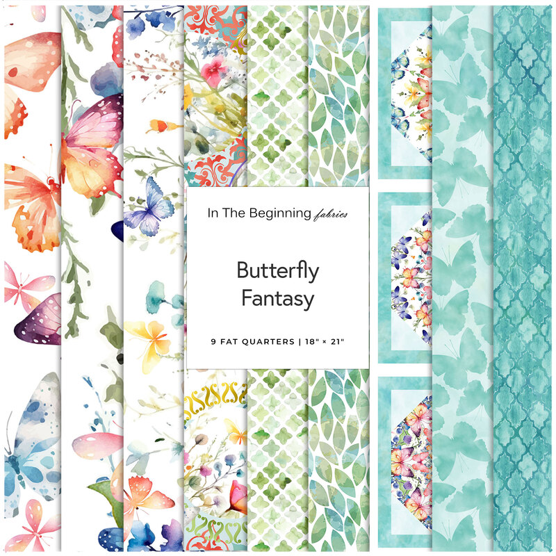 Collection of fabric fat quarters featuring floral and butterfly designs in vibrant colors.