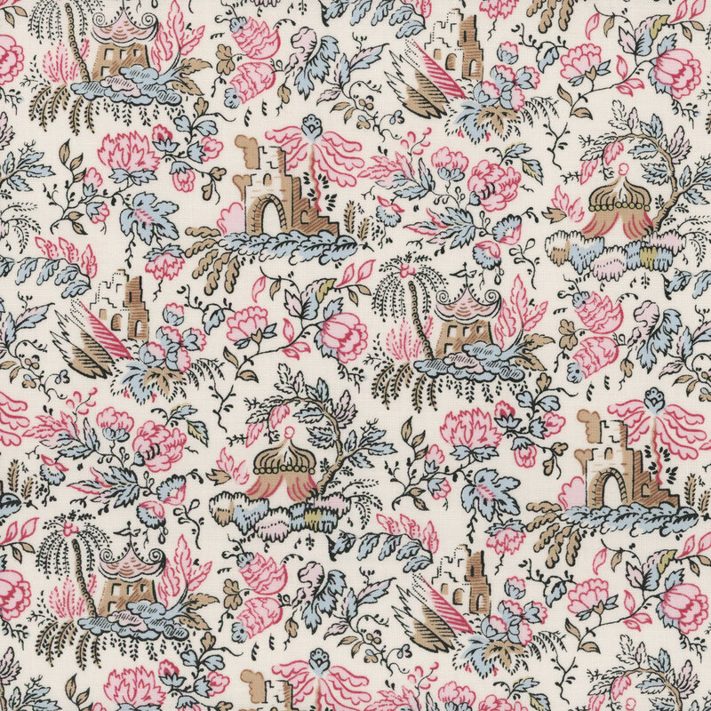 Cream fabric with pink and sage green flowers and vines amongst various regency-era buildings.