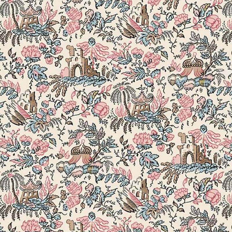 Cream fabric with pink and sage green flowers and vines amongst various regency-era buildings.