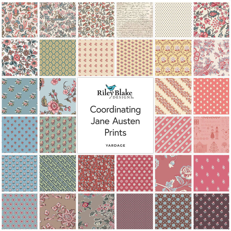 A collage of all the vintage fabrics included in the Coordinating Jane Austen Prints collection.