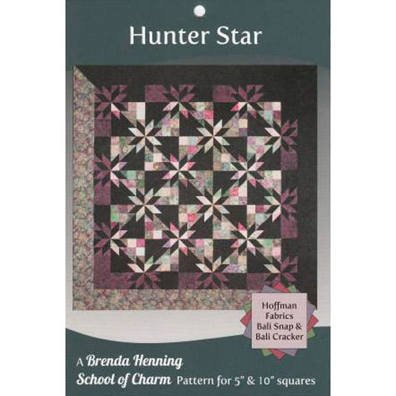 Quilt pattern cover featuring a Hunter Star design with black, pink, and cream colors by Brenda Henning.