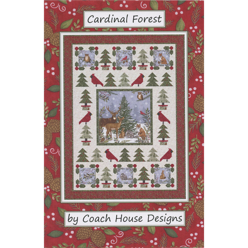 Quilt pattern titled Cardinal Forest by Coach House Designs, featuring animals and trees on a festive background.