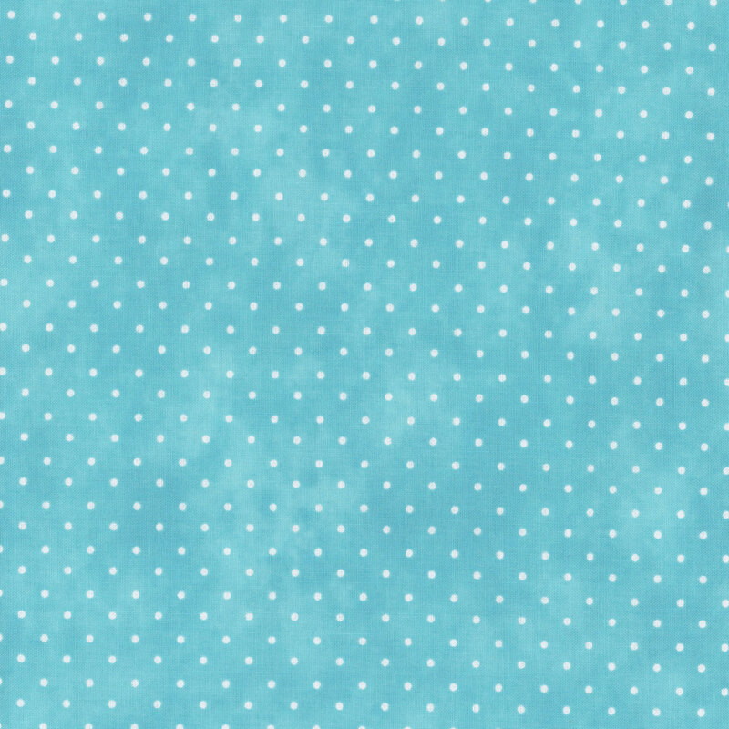 Mottled bright cyan fabric with an even pattern of polka dots.