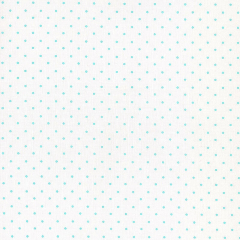 White fabric with an even pattern of aqua polka dots.