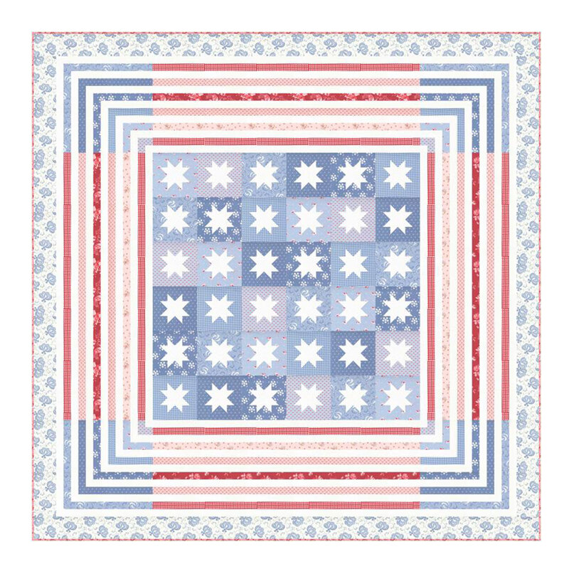 A digital image of a decorative quilt top design featuring star and stripe designs in pink, light blue, and white.