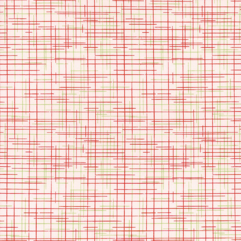 A textured pattern featuring red and green lines on a light neutral background.