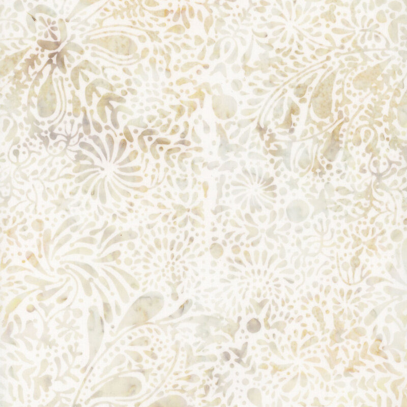 Cream batik fabric with mottled gray abstract leaf shapes.