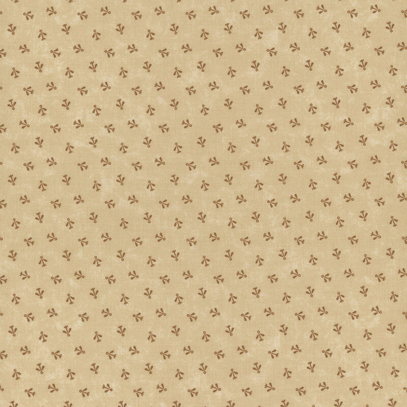 Beige fabric with a delicate floral pattern of small red flowers arranged evenly throughout.