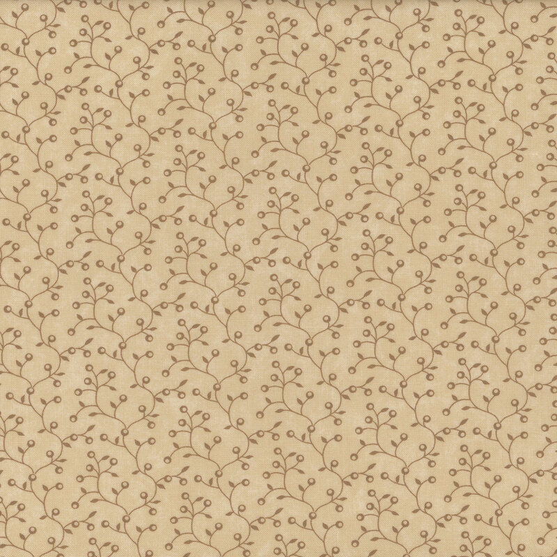 Patterned fabric featuring small brown branches with berries on a beige background, marked with a ruler.