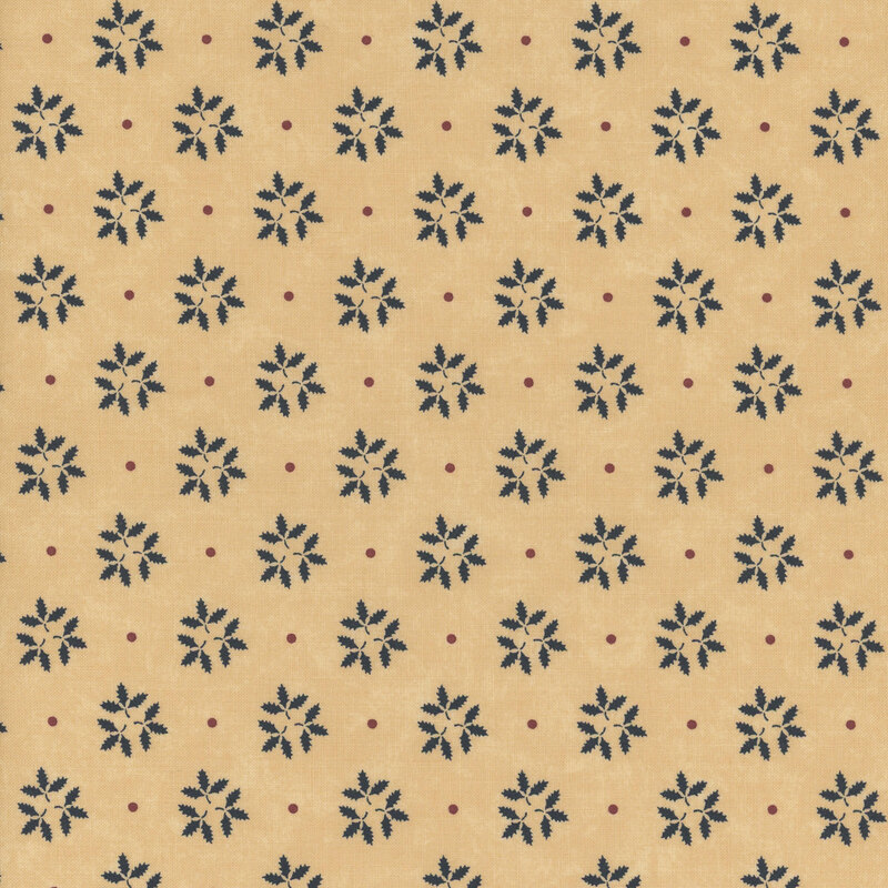 Patterned fabric featuring small dark floral motifs on a light yellow background with red dots.