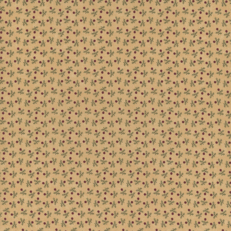 Beige fabric featuring a repeating pattern of small red and green flowers.