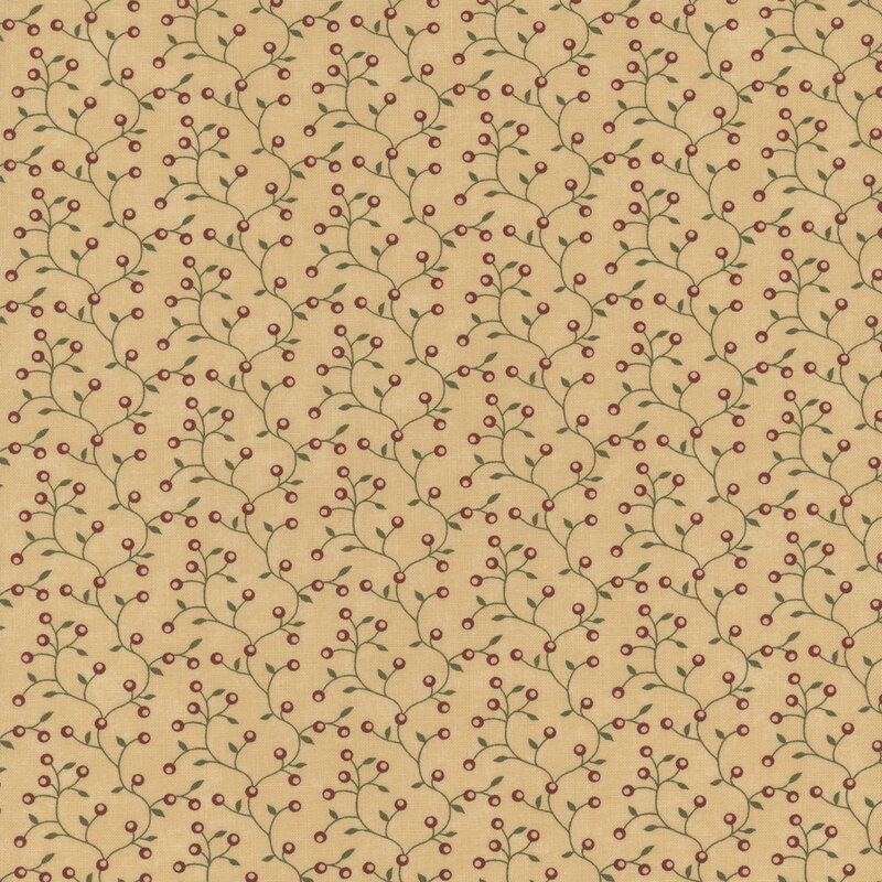 Beige fabric featuring a delicate pattern of small red berries on thin green stems.