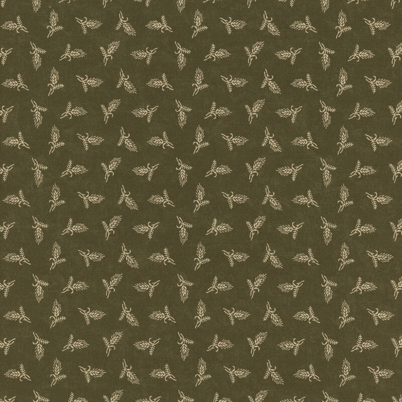 A green fabric with a repeating pattern of light-colored, stylized leaves or floral shapes.