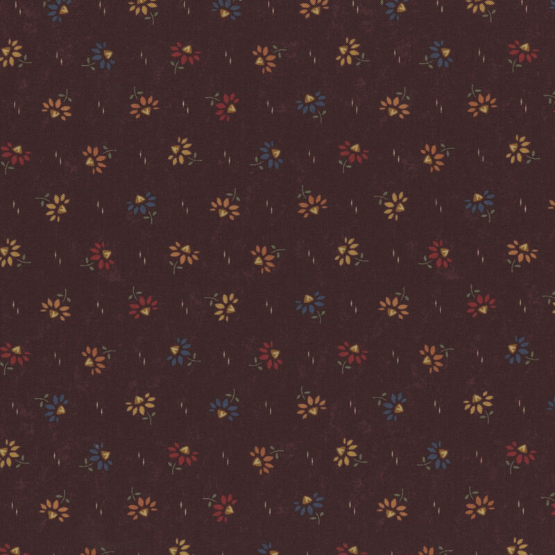 Brown fabric with a scattered pattern of small multicolored flowers and subtle vertical lines.