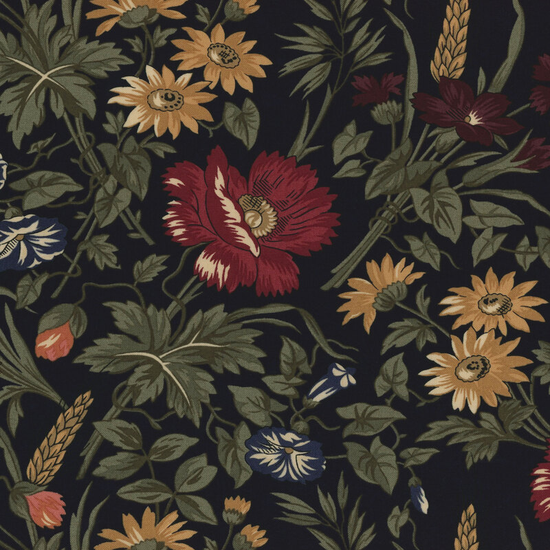 Floral fabric featuring colorful flowers in red, yellow, blue, and green on a dark background.