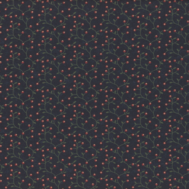 Dark fabric pattern featuring small red berries on green branches against a black background.