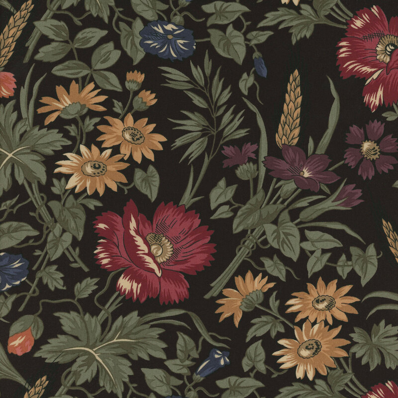 A dark fabric pattern featuring colorful flowers, including red, yellow, and blue blooms with green leaves.