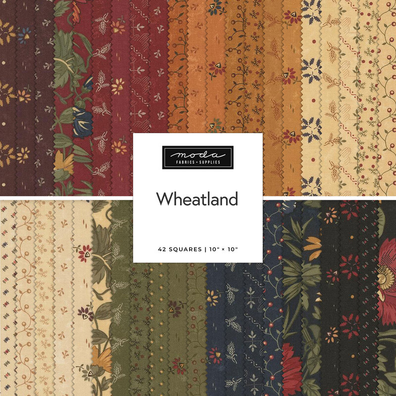 A fabric collection titled Wheatland featuring 42 patterned squares in warm colors and floral designs.