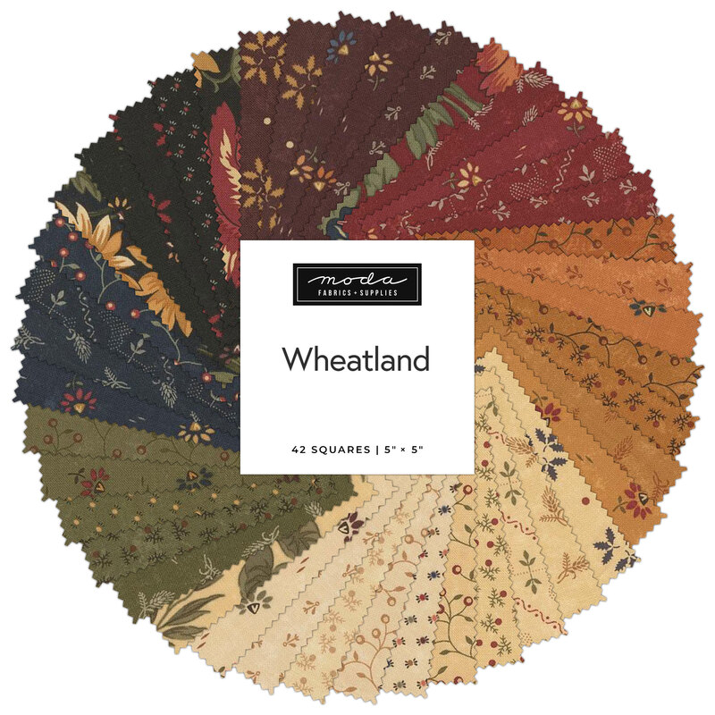 A circular arrangement of fabric squares in various colors and floral patterns, labeled Wheatland.