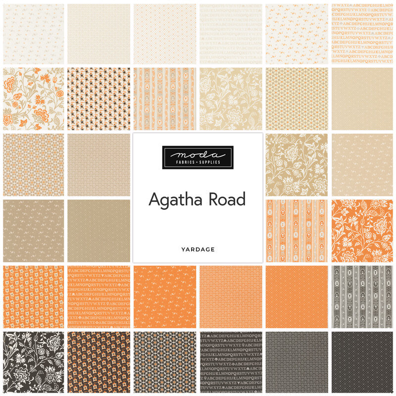 A grid of fabric patterns in various shades of orange, cream, and gray labeled Agatha Road by Moda.