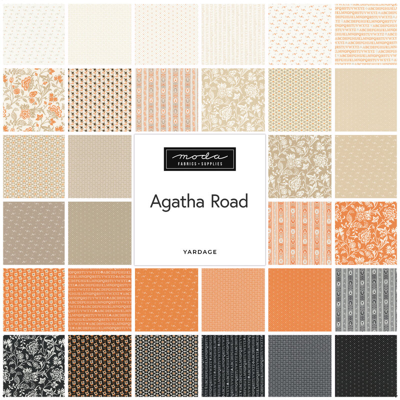 A grid of fabric patterns in various shades of orange, cream, and gray labeled Agatha Road by Moda.