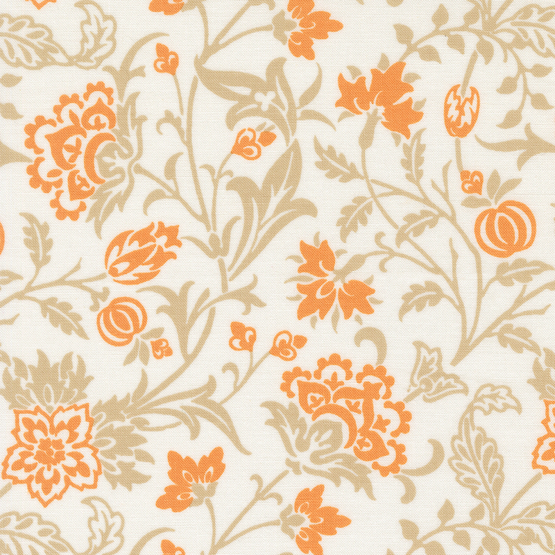 Floral fabric pattern featuring orange flowers and leaves on a cream background.