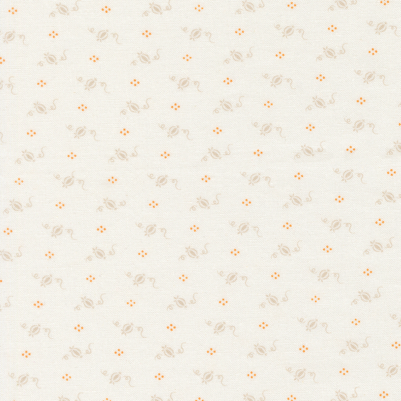 Light cream fabric with a repeating pattern of small flowers and whimsical motifs in soft colors.