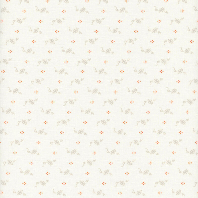 Light cream fabric with a repeating pattern of small flowers and whimsical motifs in soft colors.