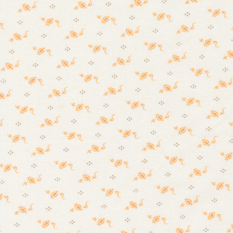 A light cream fabric with a repetitive pattern of small orange swirls and floral motifs.