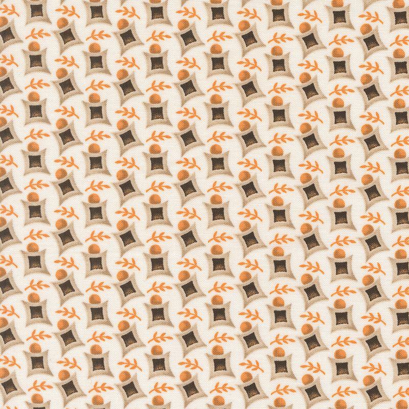 Patterned fabric featuring a repetitive design of squares and orange leaves on a light background.