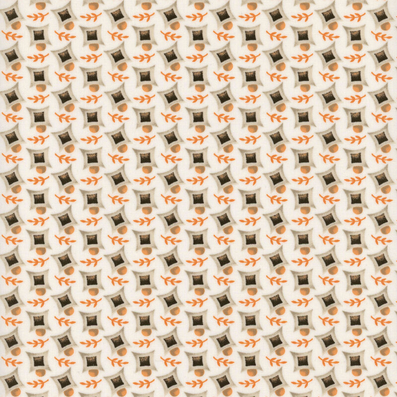 Patterned fabric featuring a repetitive design of squares and orange leaves on a light background.