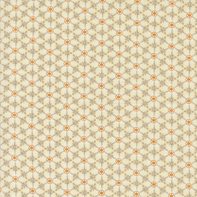 Repeating floral pattern with orange flowers and gray leaves on a light yellow background.