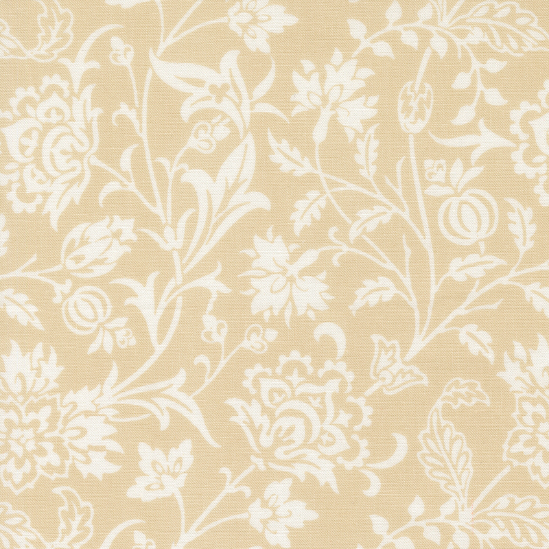 Floral pattern in white on a soft beige background, featuring various flowers and leaves.