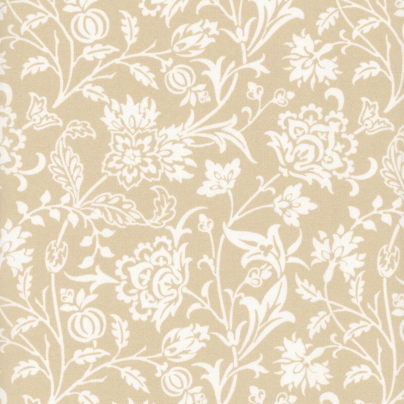 Floral pattern in white on a soft beige background, featuring various flowers and leaves.