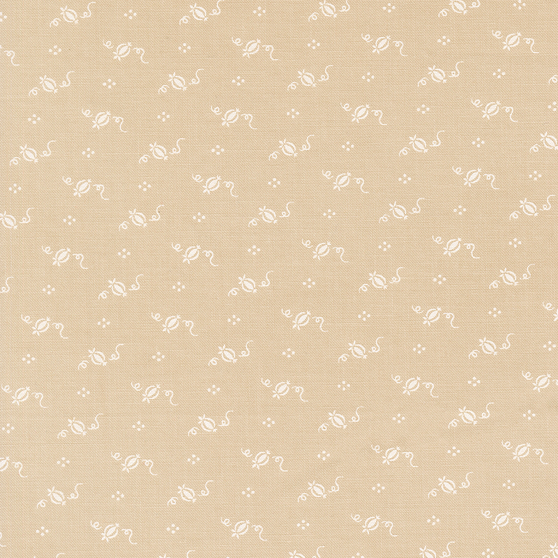 Light beige fabric with a delicate white floral pattern, featuring small blooms and swirls.