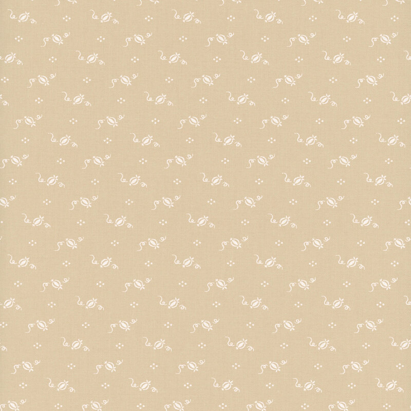 Light beige fabric with a delicate white floral pattern, featuring small blooms and swirls.