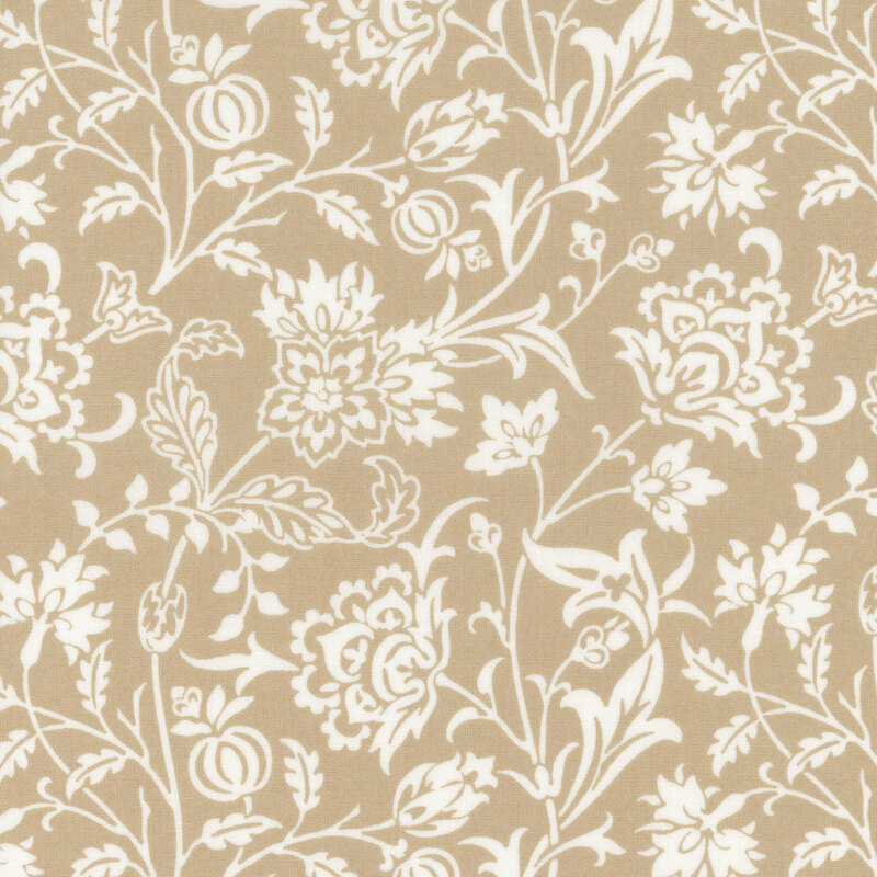 A beige fabric featuring white floral and vine patterns in an intricate design.