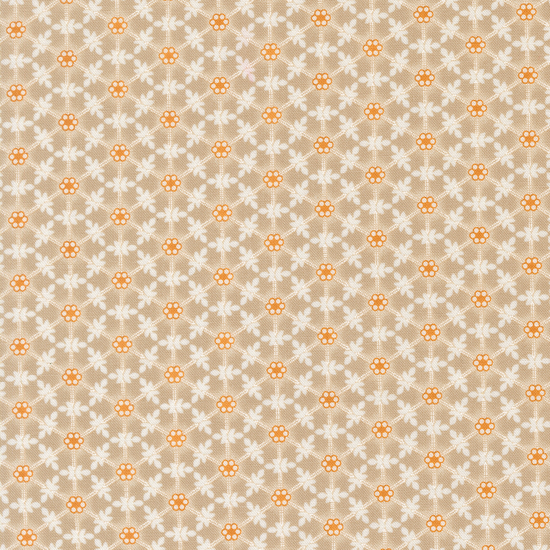 A repeating pattern of small white and orange flowers on a beige background.