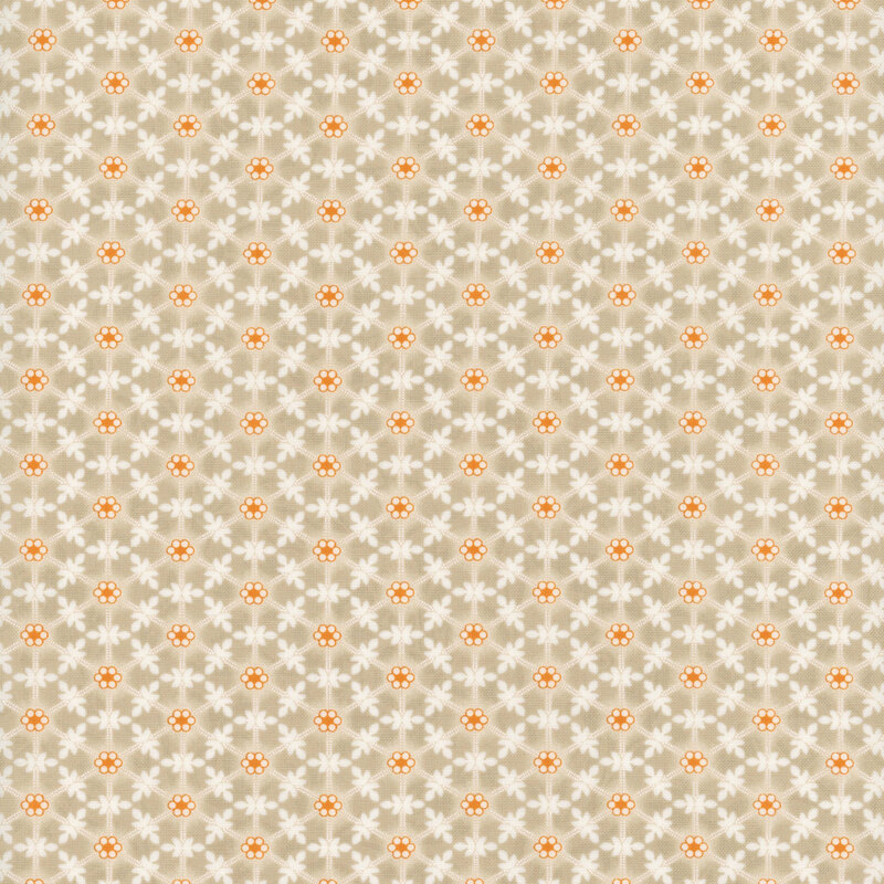 A repeating pattern of small white and orange flowers on a beige background.