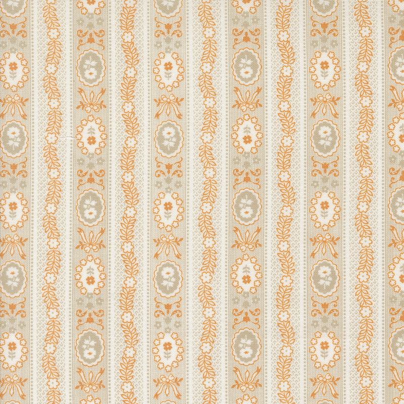 Repeating floral and oval pattern in warm orange and cream against a textured beige background.