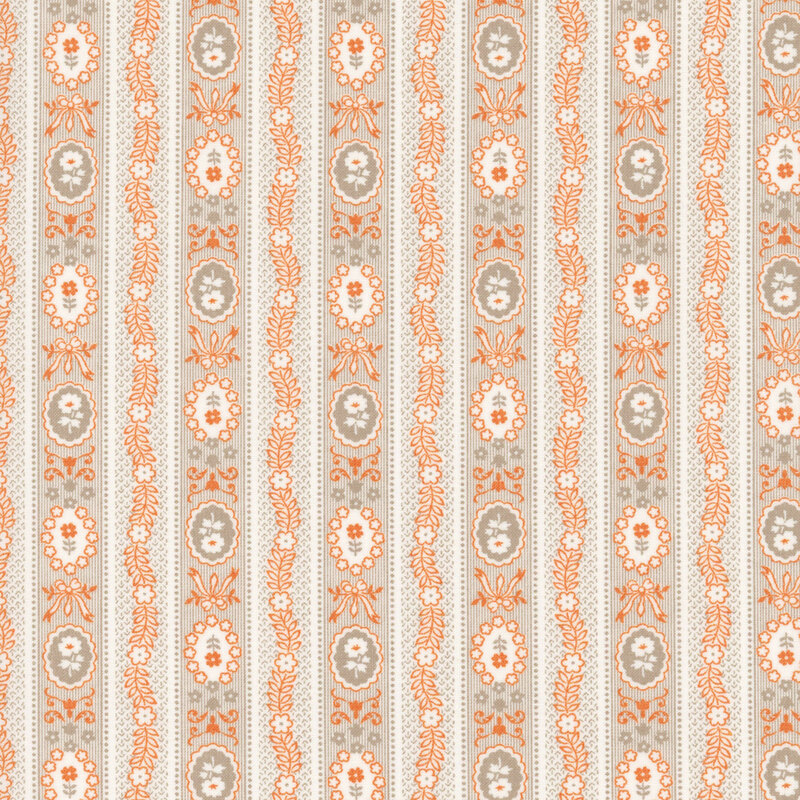 Repeating floral and oval pattern in warm orange and cream against a textured beige background.