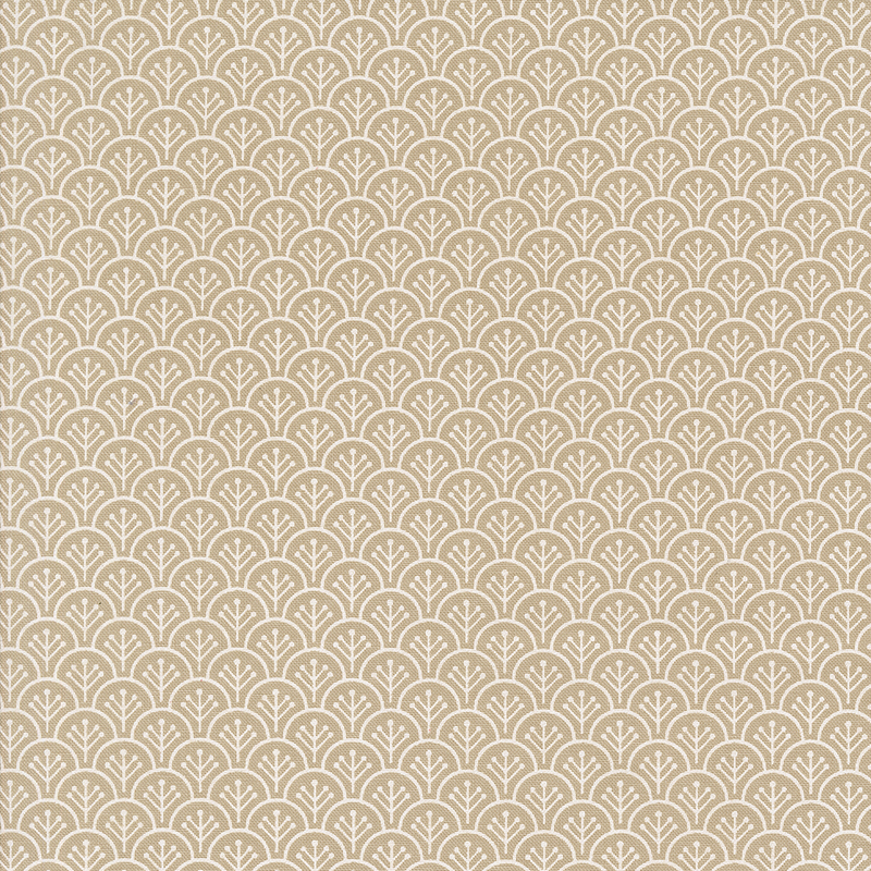 A light beige background with a repeating delicate curved leaf pattern in white.