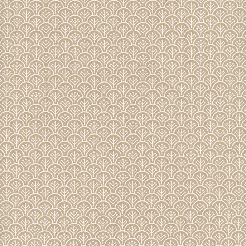 A light beige background with a repeating delicate curved leaf pattern in white.